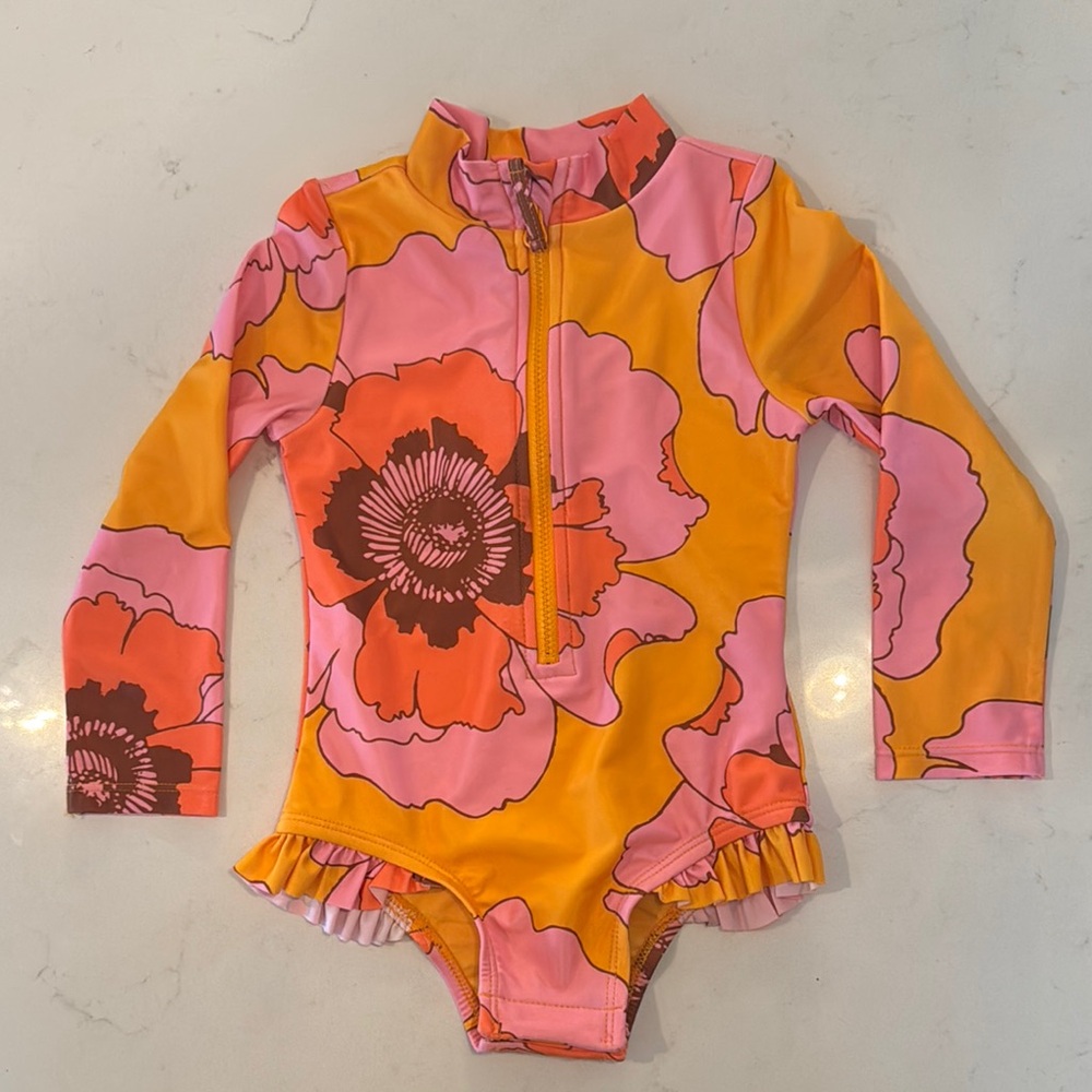 GAP Pink and Orange Rashguard Swimwear with Retro Floral Design